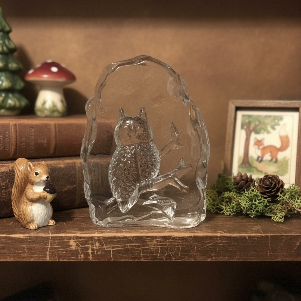 Owl in Tree Lead Crystal Intaglio Engraved Paperweight, Clear Glass Sculpture